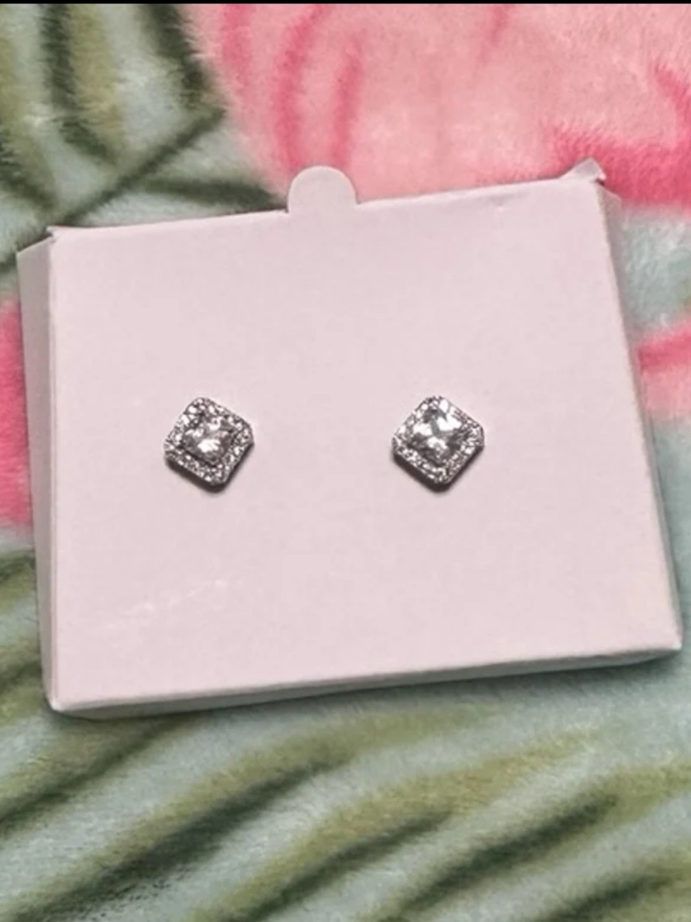 Sparkly Square Halo Stud Earrings Silver Clear CZ Crystal Elegant Brand New